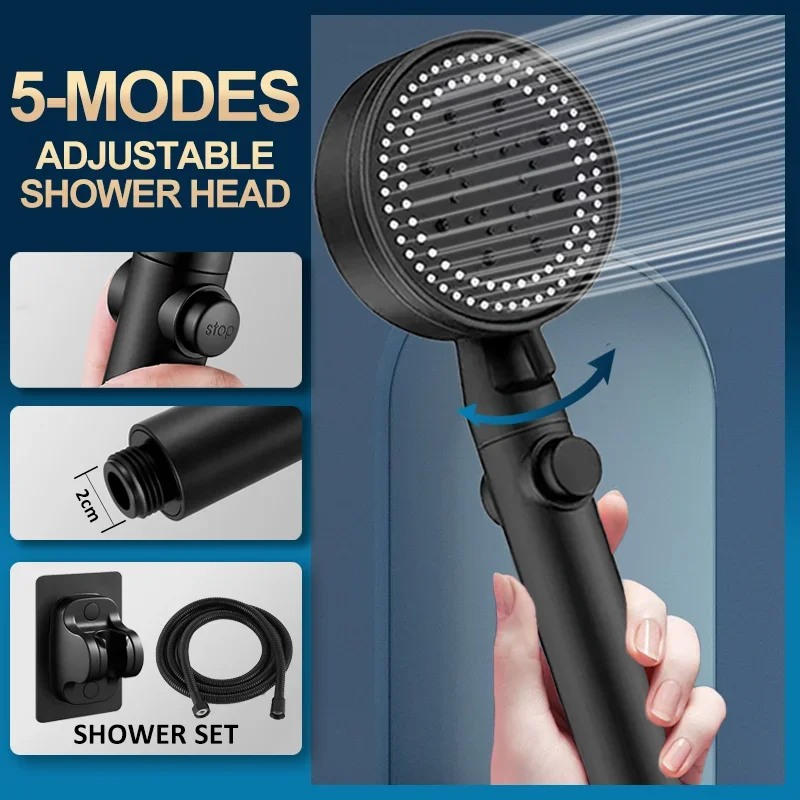 

Shower Head Water Saving Black 5 Mode Adjustable High Pressure Shower One-key Stop Water Massage Eco Shower Bathroom Accessories