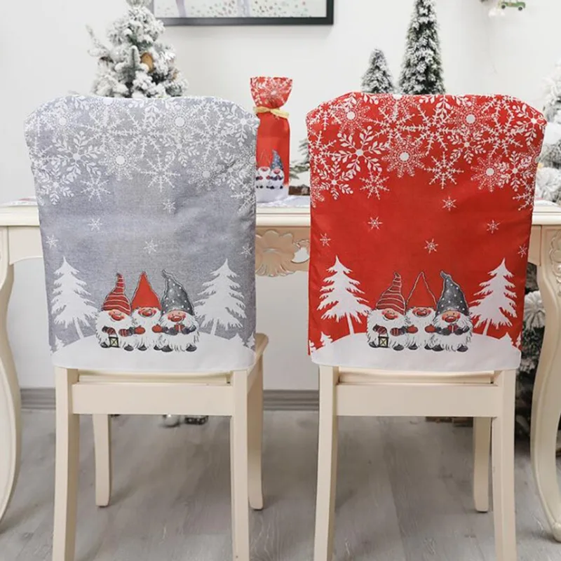 Christmas Decorative Chair Cover Stool Cover Linen Santa Claus Snowman Snowflork Printed Chair Cover for Christmas Dining Room