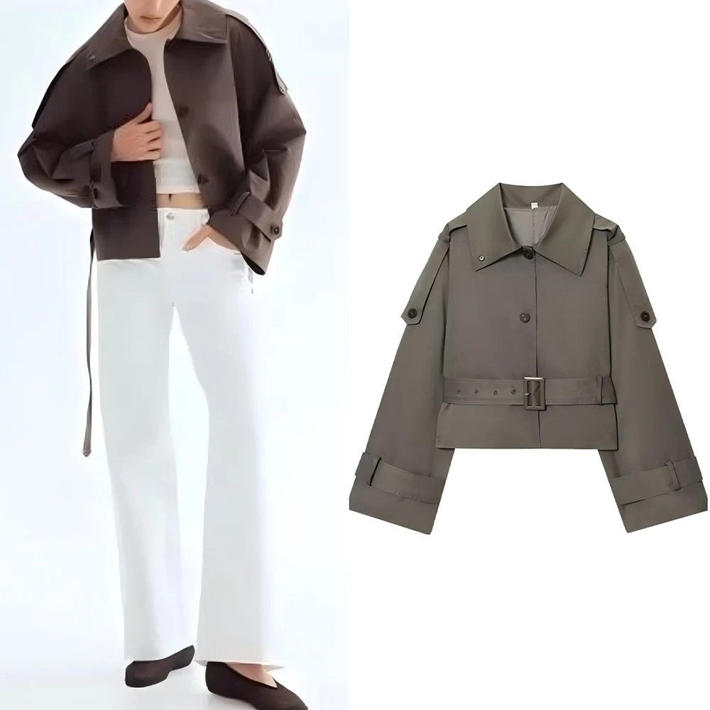 

Women's 2025 new with Belt comfortable short single breasted lapel Windbreaker coat retro long sleeved women's coat chic top