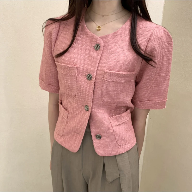 Women's Summer O Neck Short Sleeve Tweed Jacket Lady Elegant Solid Color Pockets Puff Sleeve Short Outwear Top
