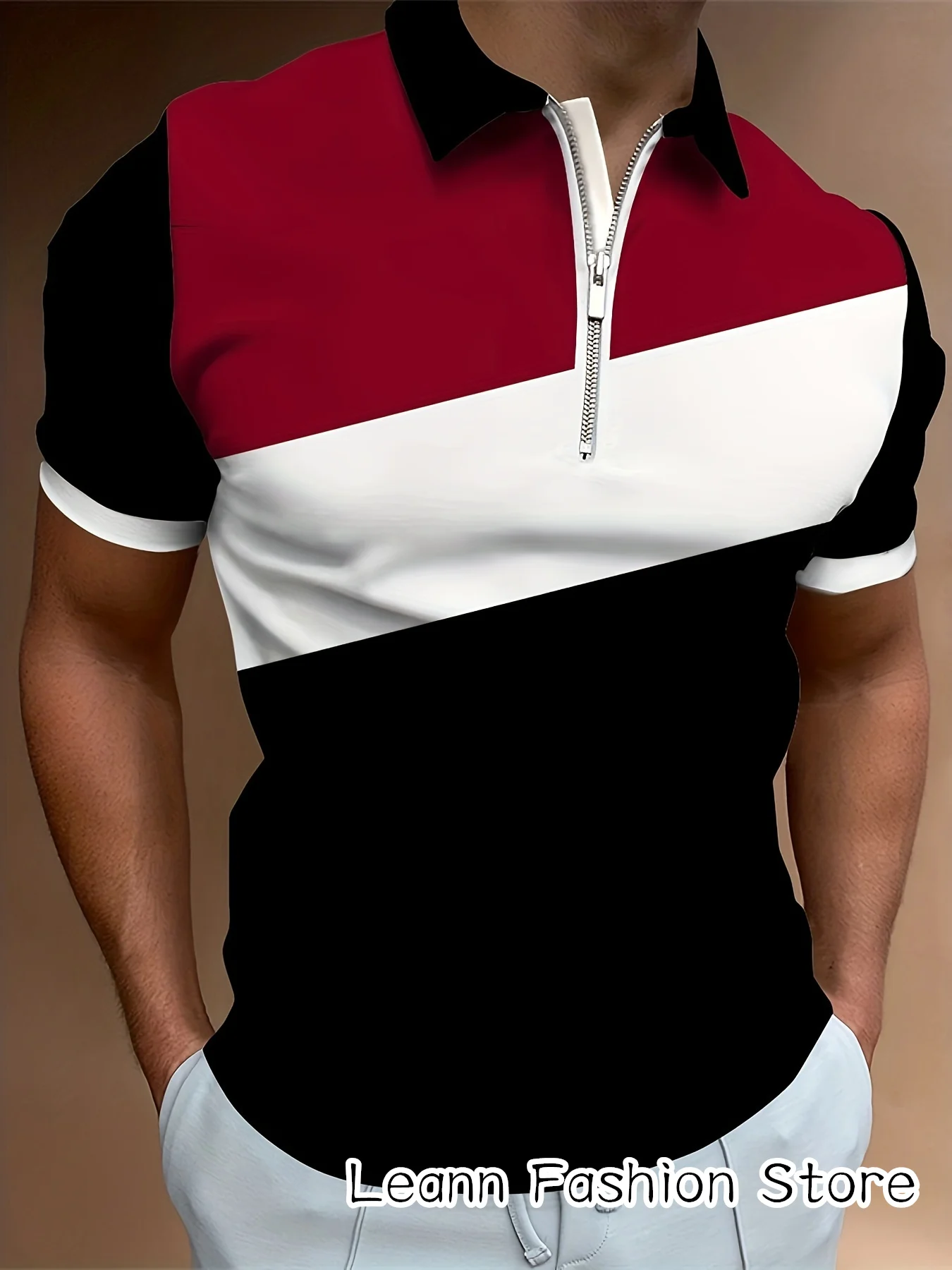 Summer Men Solid Color Polo Shirt Color Block Clothing Male Vintage Tops Tees Fashion Zipper Lapel Collar Casual Streetwear