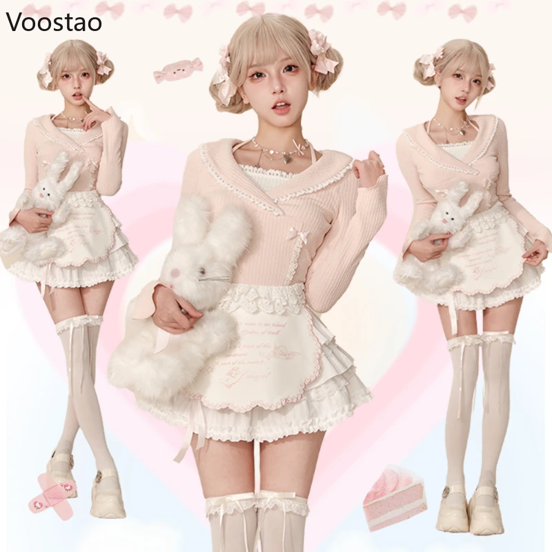 Spring Autumn Vintage Lolita Style 2 Piece Set Women Sweet Knitted Blouse Tops Y2k Princess Mini Skirt Female Korean Elegant Set