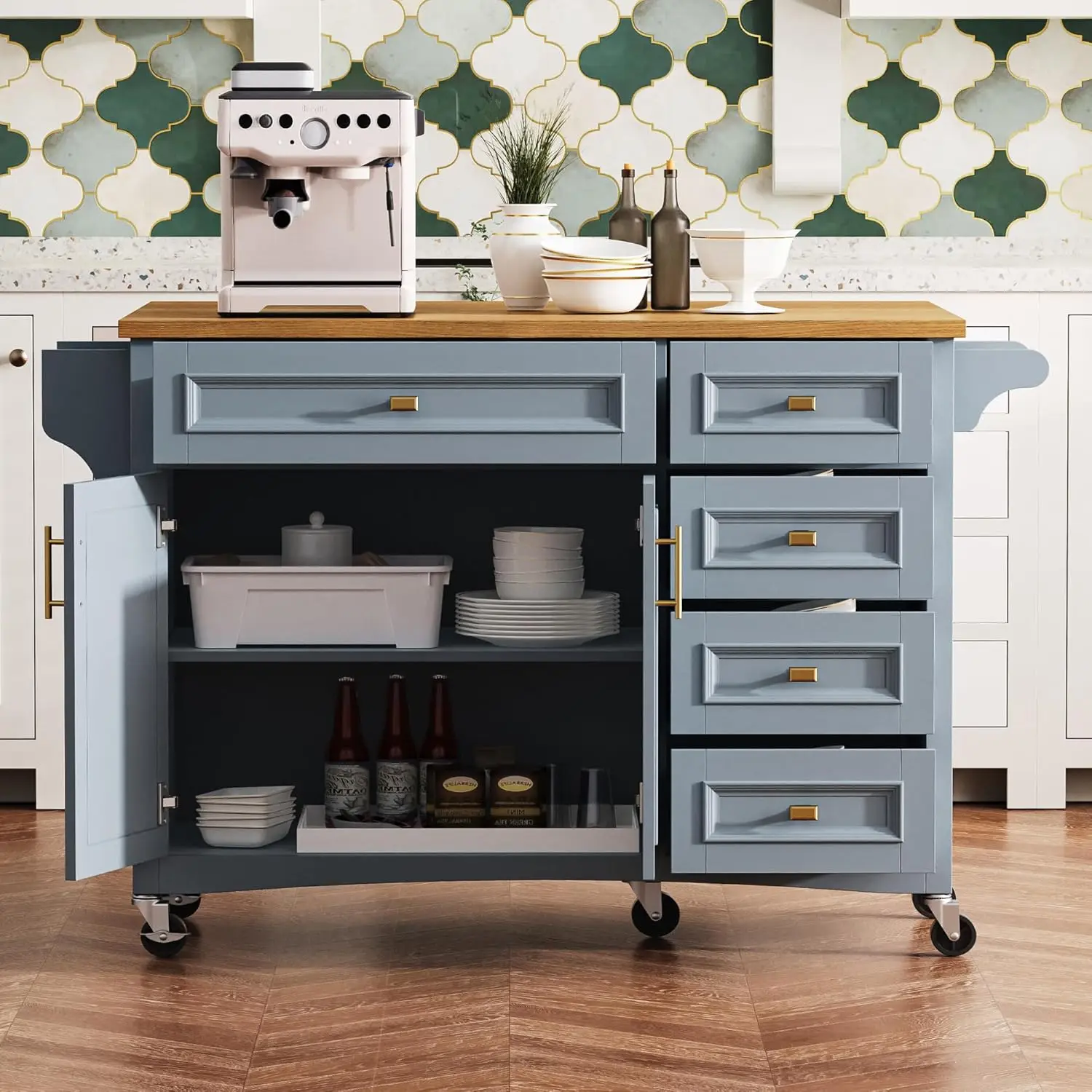 

Kitchen Island Cart 52"with Drop Leaf Table-Rolling Storage Island on Wheels with 5 Drawers,Mobile Kitchen Cart for Small Spaces