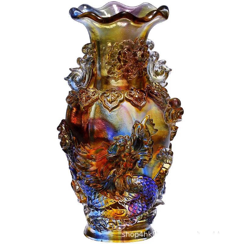 

phoenix Chengxiang dried vase ornament, a pair of glass handicrafts, living room flower arrangement, wedding gift, niche senior