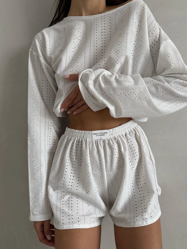 New in Summer Pajamas for Women Hollow Out Long Sleeve Tops Shorts Pyjama 2 Piece Elegant Motion Two Piece Sets Womens Outifits
