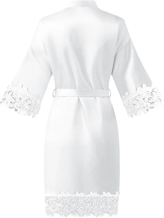 Womens Short Satin Robe Lace Trim Silk Kimono Sleepwear Bridesmaid Robes for Bride Wedding Party Nightgown