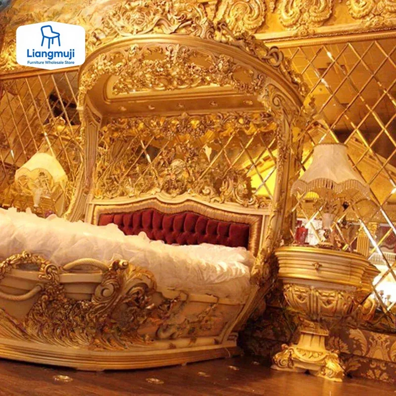 Cama doble tallada en madera de estilo europeo, estilo barco de lujo, tela francesa, Muebles de dormitorio de princesa Villa, conjunto de Muebles de dormitorio
