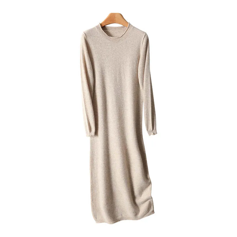 

Women 100% Pure Wool Knitted Pullover Dress Basic Long Sleeve O-neck Soild Elegant Slim Mid-calf skirt Autumn Winter Versatile