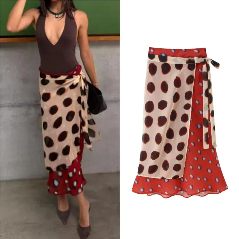 Women's Polka Dot Wrap Around Skirt Summer Contrast Double-layer Lace-up Skirt Irregular Hem Fashion Casual Vacation Midi Skirts