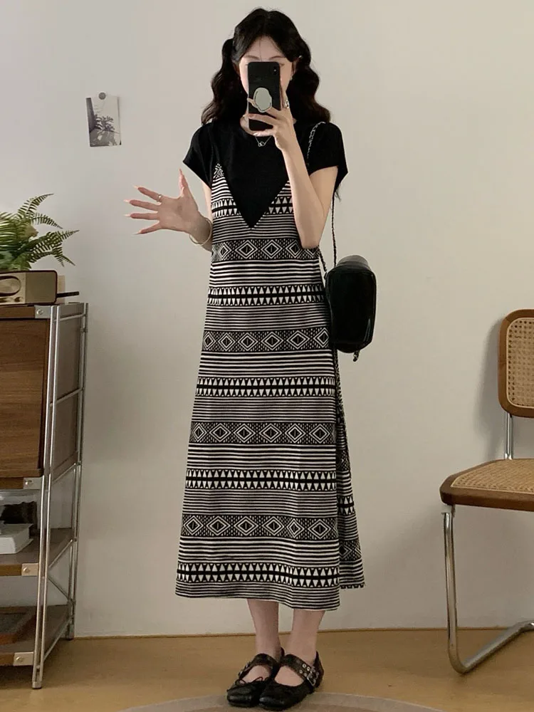 NYFS 2025 صيف جديد فضفاض حجم كبير فستان المرأة الكورية نمط اثنين من وهمية قصيرة الأكمام فستان طويل Elbise Vestidos Elbise