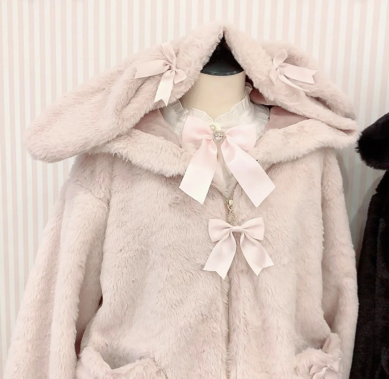 Japanese Style Girl Sweet Bow Zipper Hooded Pink Plush Jacket Women's Autumn and Winter Warm Thickened Faux Fur Coats Mujer