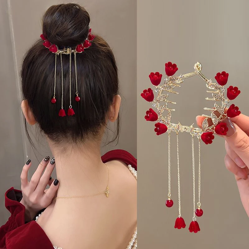 1Pc Zinc Alloy Ancient Hanfu Hair Accessories Red Butterfly Fringe Ponytail Hair Accessories Fringe Ponytail Buckle Clip Bun