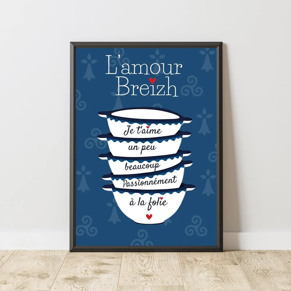 Póster artístico de pared con temática francesa, sin marco, con diseño de cuenco bretonés y la inscripción "Love Breizh", símbolos regionales bretones, impresión en lienzo de campo bohemio