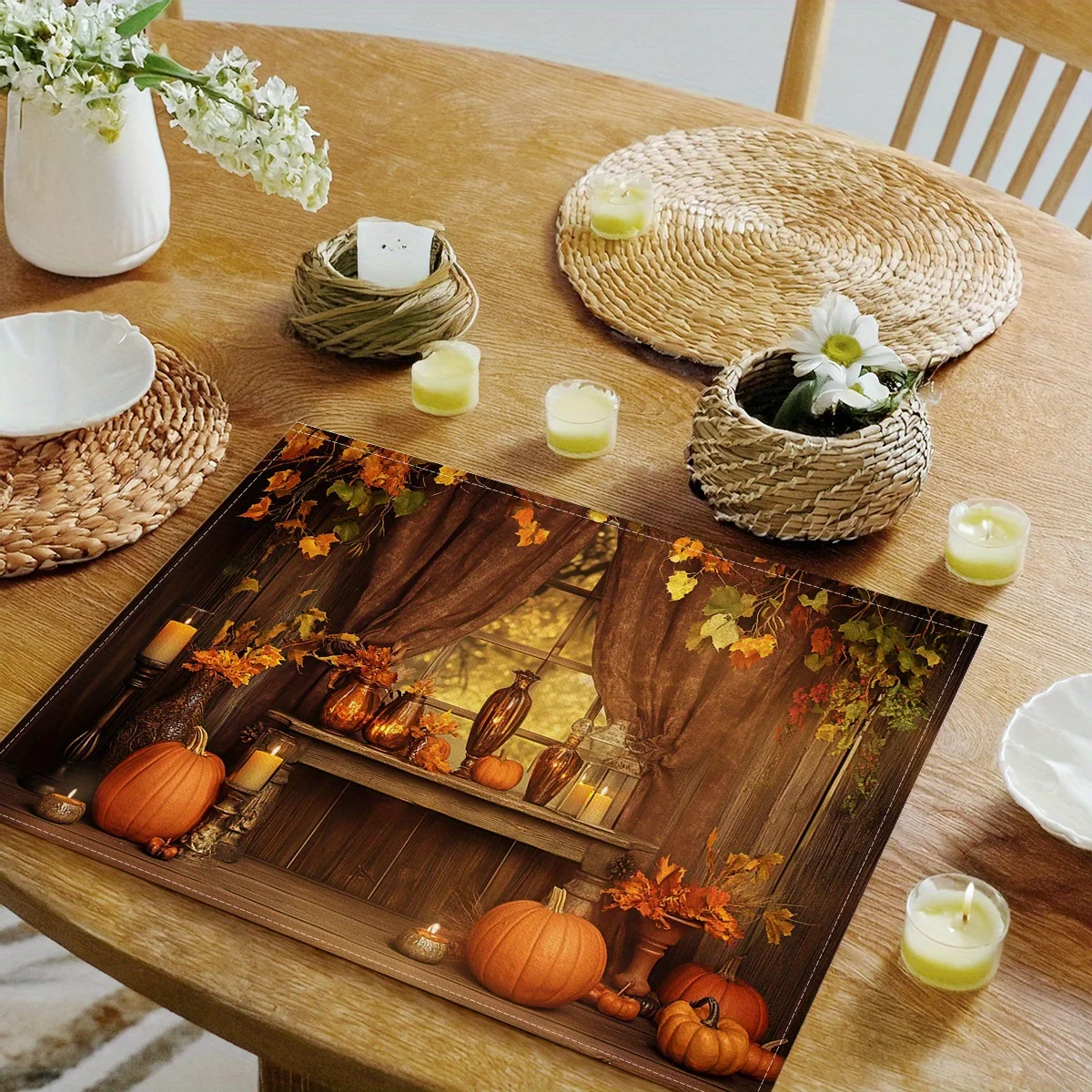 4 قطع من مفارش مشهد الخريف العتيقة - مفارش طاولة بوليستر واقعية ذات طابع سقوطي، 18 × 11.8 بوصة، دافئة