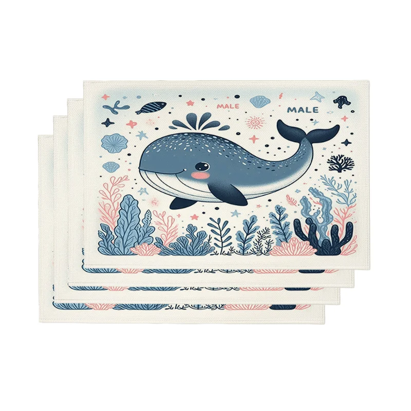 4pcs Cute Male Whale Placemats Kawaii Marine Illustration Washable Table Mats for Kids Dining Nursery Coastal Home Decor