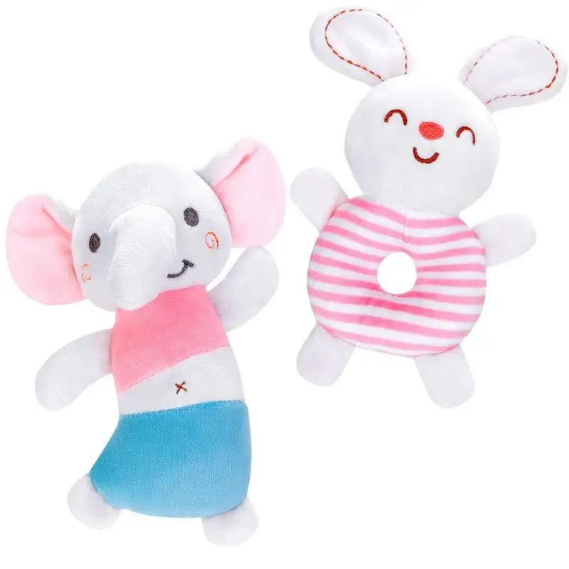 Plush Ring Rattle 2pcs Elephant And Rabbit Newborn Sensory Toys Adorable Plush Ring Rattle For 0-6 Months Boy Girl Kids Hand