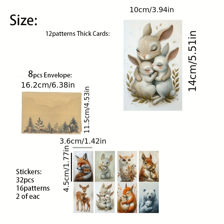 52pcs Card Sticker and Envelope Set, Woodland Animal with Deer, Owl Patterns, for Holiday Flag DIY, Album Decor,Greeting Card