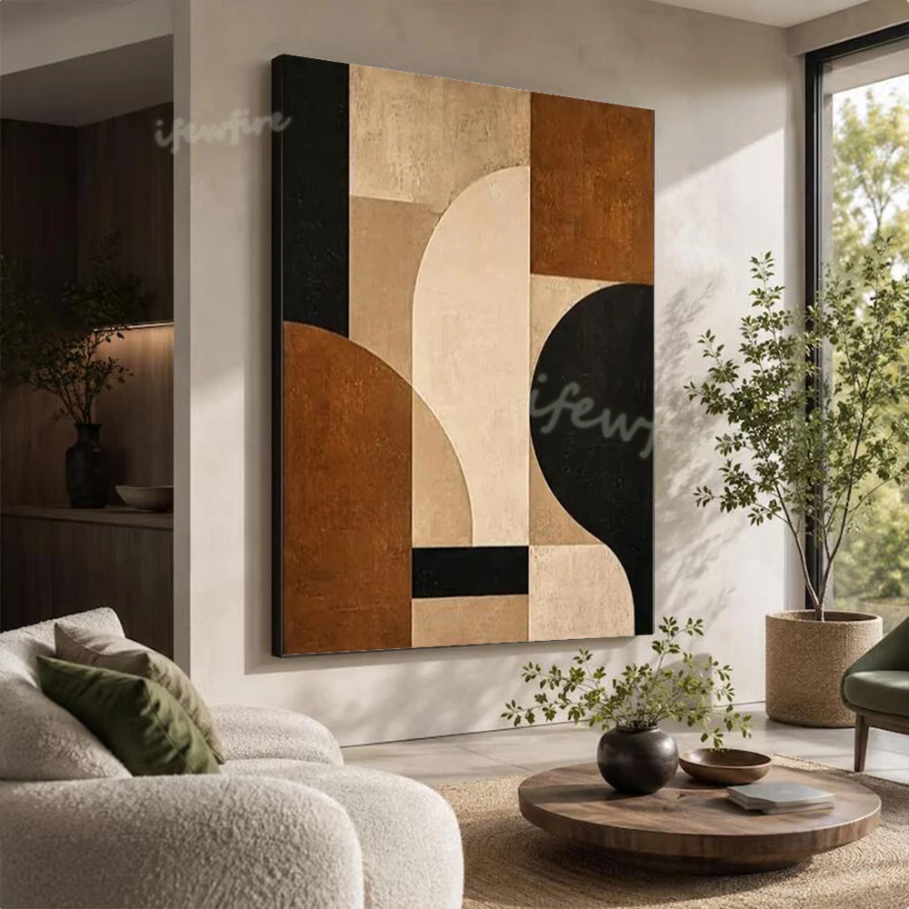 100% Handmade Abstract Oil Painting - Morandi Color Blocks Canvas Mural Wall Art for Living Room Decor Unique Geometric Picture