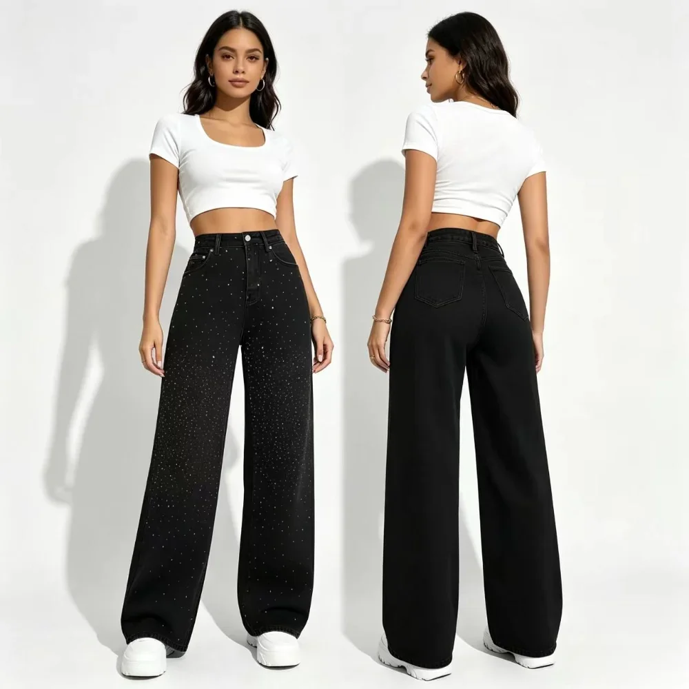 Black Gradual Change Hot Diamond Wide Leg Jeans Women, High Waist Drape Flash Diamond Straight Trousers, Thin Loose Jeans
