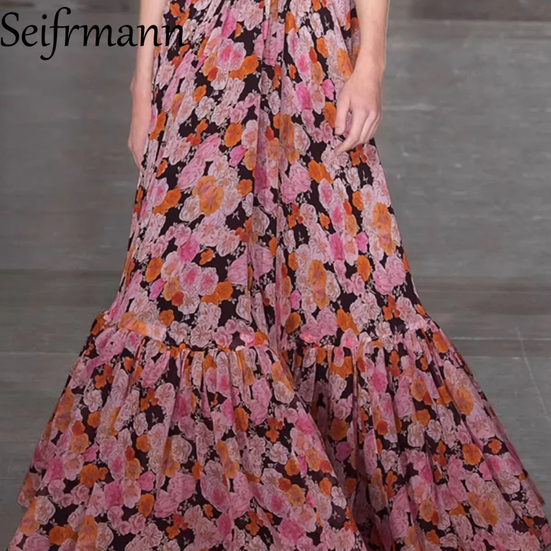 Seifrmann Elegancka damska sukienka na imprezę z kwiatowym nadrukiem i kwadratowym dekoltem z falbanami Sukienki z wysokim stanem