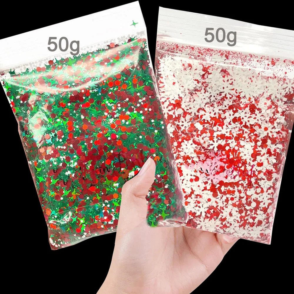 

2 цвета, 50 г, рождественские блестки для ногтей, рождественские красные, зеленые шестигранные массивные хлопья для ногтей, белые снежинки, блестки для ногтей, принадлежности для ногтей