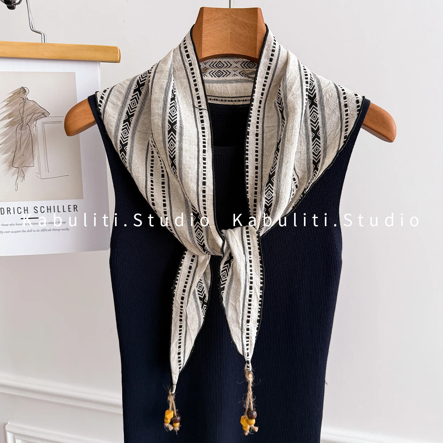 Neckerchief Retro Multicolor Striped Cotton with Pendant Japanese Art Design for Women Spring Summer Breathable Elegant