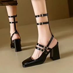 Chunky Mary Jane Women Square Toe Pumps Women Sandals 2024 Summer High Heels Sandals Fashion Designer Black Thick Heel Mary Jane