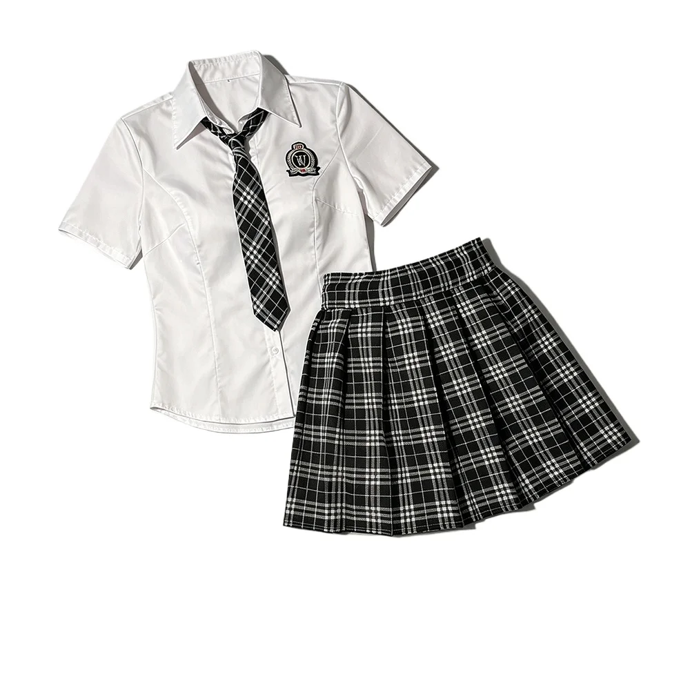 

JK Uniform Sexy Costume Woman 3-Piece Set Short Sleeve Shirt with Plaid Tie Skirt Preppy School Outfits for Daily Wear Cosplay