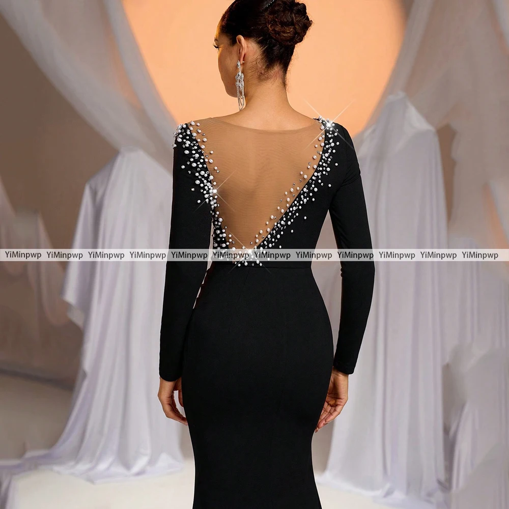 Kryształowa Sukienka na Bal Maturalny Syrenka Dekolt Okrągły Długi Rękaw Bez Pleców Satynowa Suknia Wieczorowa z Koralikami Sukienki na Formalne Okazje Szyte na Miarę