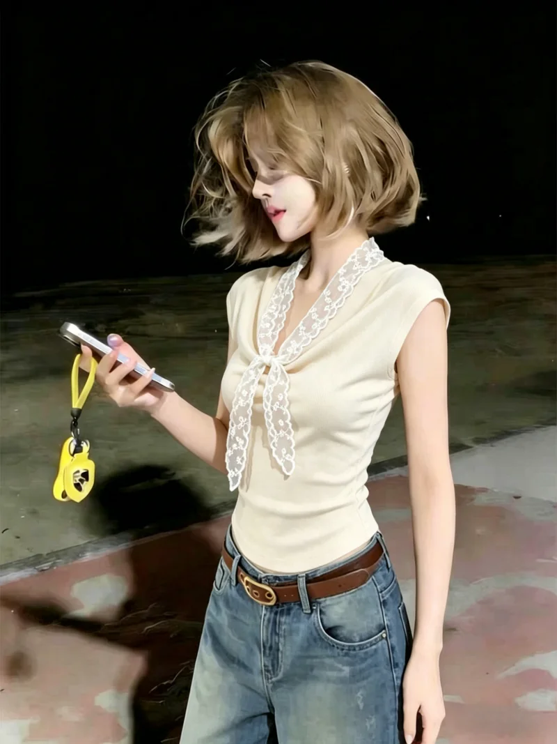 

Summer New Style Women's Knitted Lace Bell Sleeve Sweet Top Self-Kept Model Korean Style Slim Fit Collar Bell Tie Design