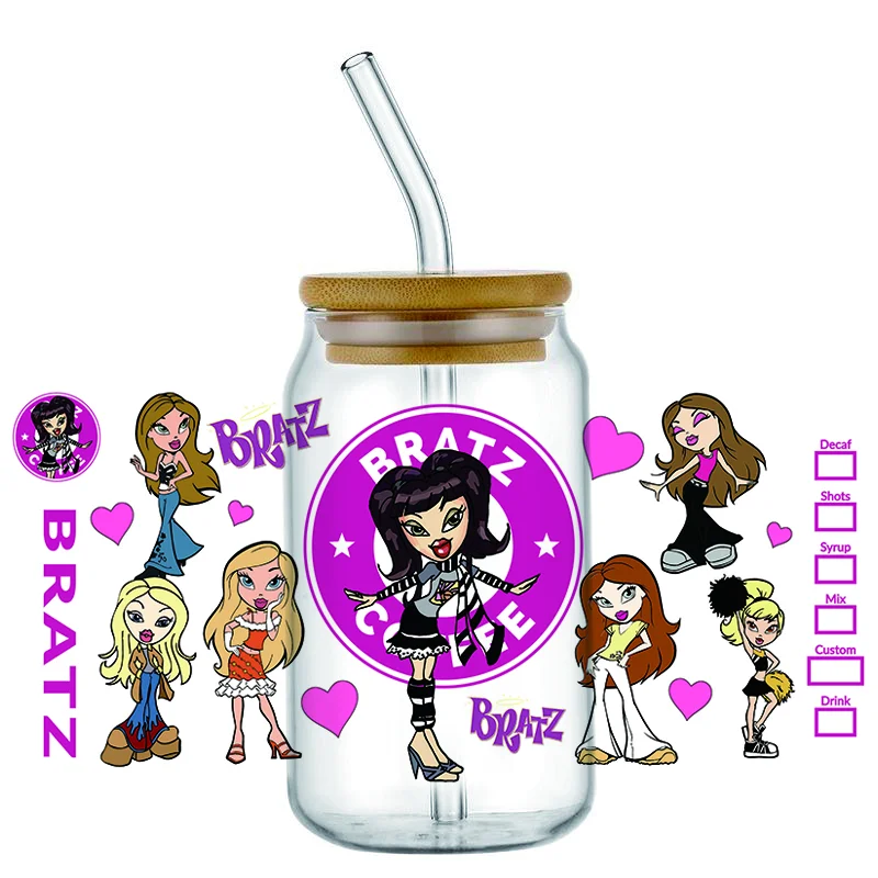 Miniso bratz pattern 16oz uv dtf transfer sticker Libbey Wrap Tumbler DIY Logo Sticker Glass Can Selfadhesive Waterproof