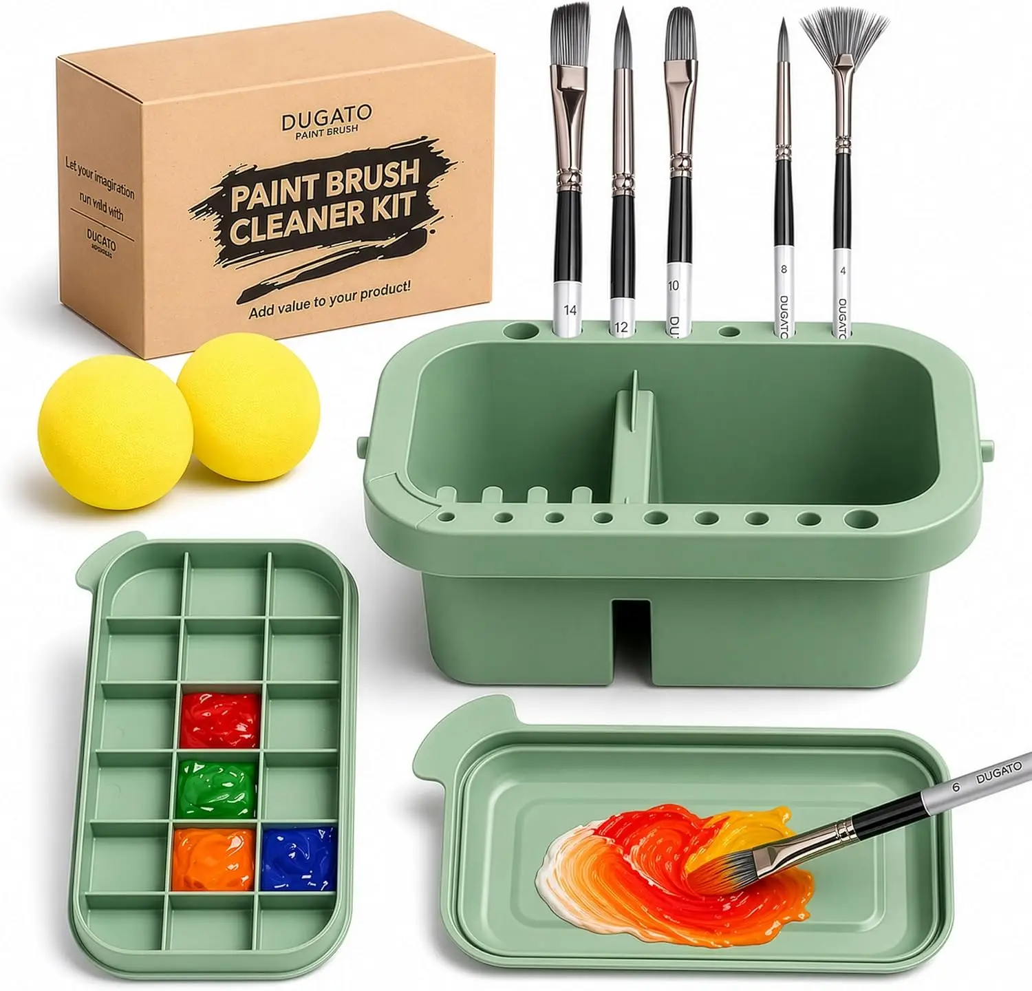 Limpiador de Pinceles 3 en 1, Lavador, Soporte y Paleta - Recipiente para Artistas con Tapa y Esponjas para Pintura Acrílica, Acuarela y Óleo (Verde)