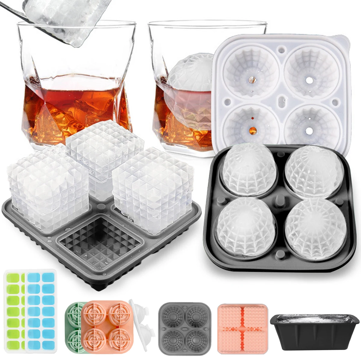 Leeseph Silicone Ice Cube Tray, Fun Shapes Whiskey Ice Mold, Reusable Ice Cube Ice Ball Tools for Cocktails Whiskey Brandy Drink