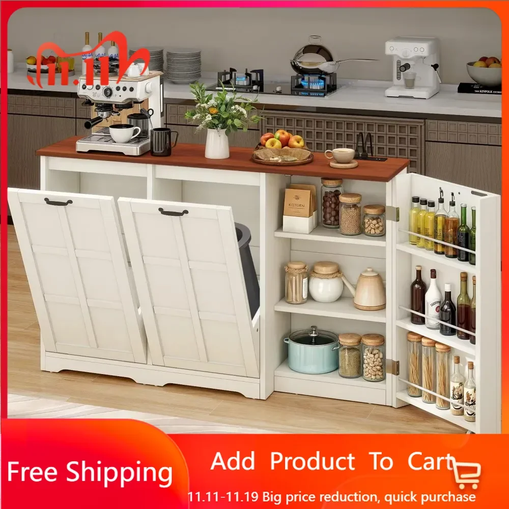 Free Standing 13 Gallon Wooden Recycling Cabinet with Outlet/Adjustable Shelves, Kitchen Island with Hidden Trash Can Storage