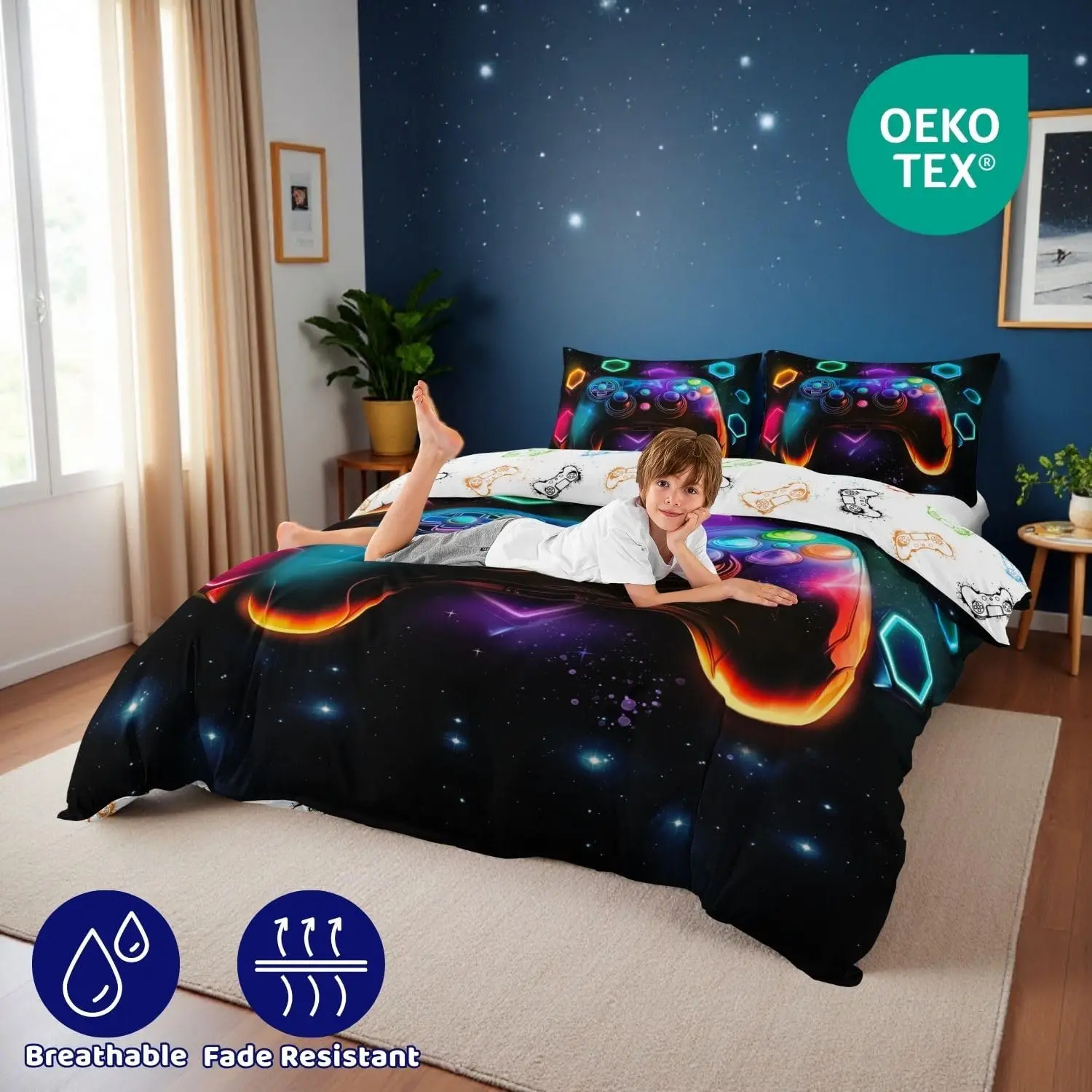 Gaming Double Duvet Cover Set Reversible Colorful Gamer Gamepad Bedding Set With 2 Pillowcases For Boys Girls Teens