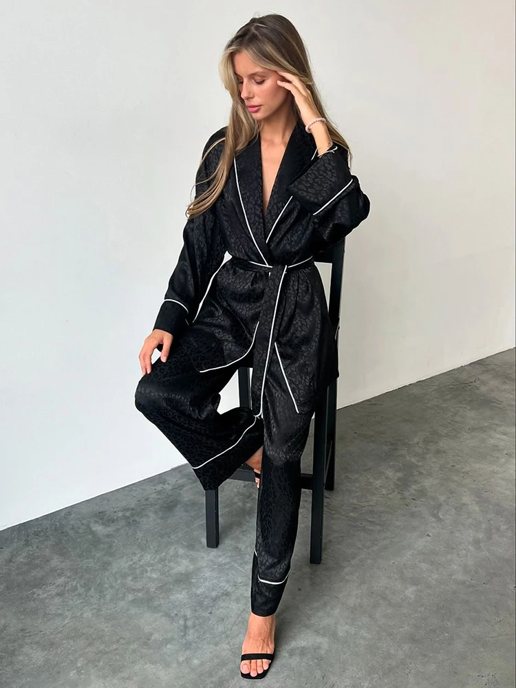 HiLoc Autumn Black Leopard Pants Sleepwears Sets Fashion Patchwork Lace-Up Robe Pajamas Casual Jacquard Trousers Nightwear Suits