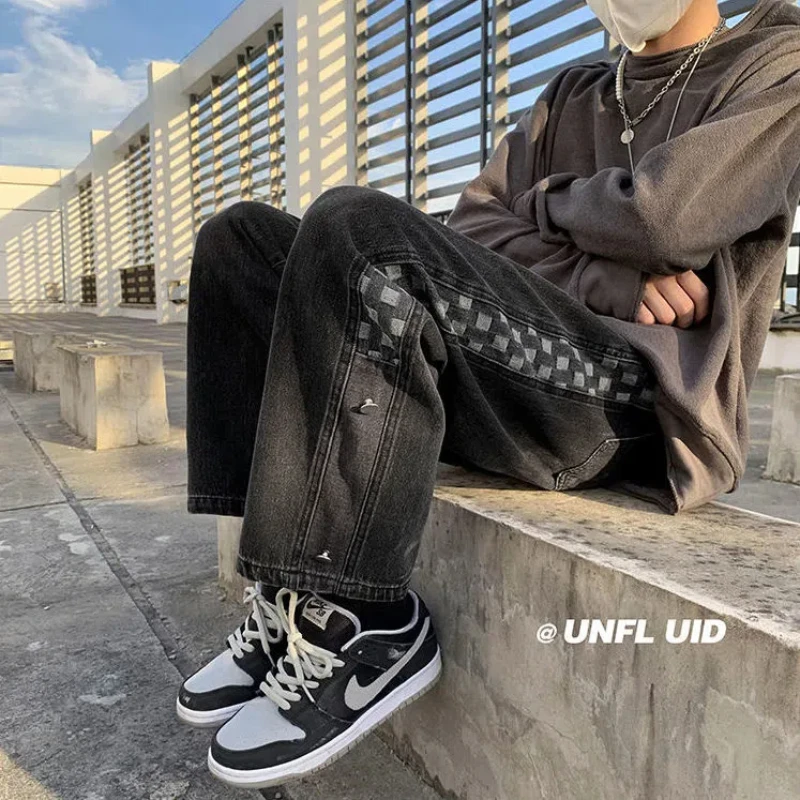 Men's Spring Autumn Straight Jeans Trendy All-match Loose Elastic Middle Waist Patchwork Contrasting Printed Pocket Casual Pants