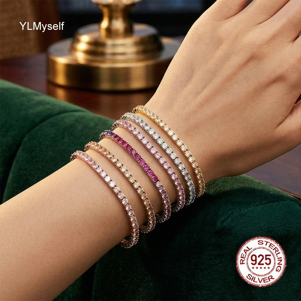 

Solid Silver Fine Jewelry Chain Pave 3mm White/Champagne/Pink/Rainbow Cubic zircon Eternity 925 Silver Tennis Bracelet