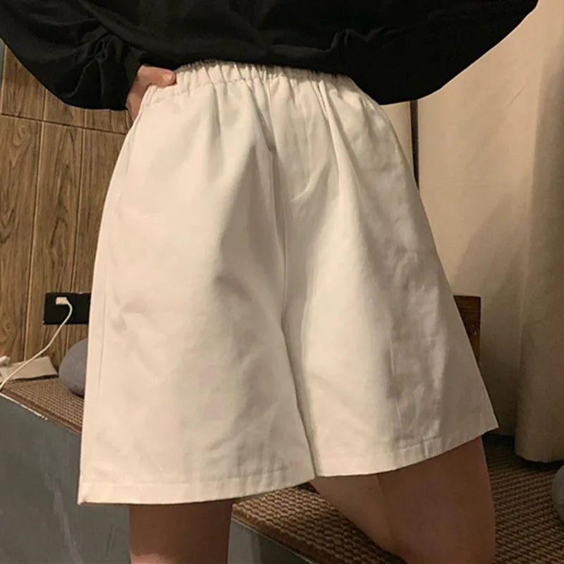 Women Elastic Waist Solid Color Casual Five Point Shorts Loose Japanese Style Lightweight Summer Wide Leg Pants