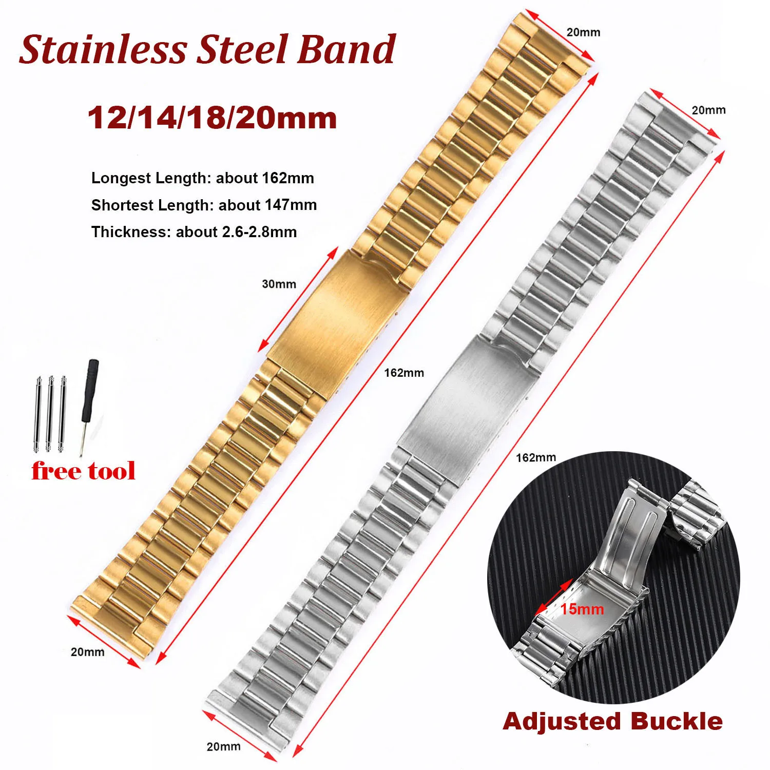 Stainless Steel Watch Band 12mm 14mm 18mm 20mm Metal Bracelet Folding Buckle Universal Watch Strap Silver Gold for Men Women