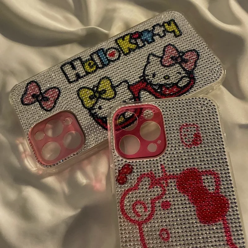 Hello Kitty Cartoon Phone Case For iPhone 13 12 11 Pro Max XR XS MAX X 7/8Plus 2022 Rhinestones luxury Lady Girl Soft Cover Gift