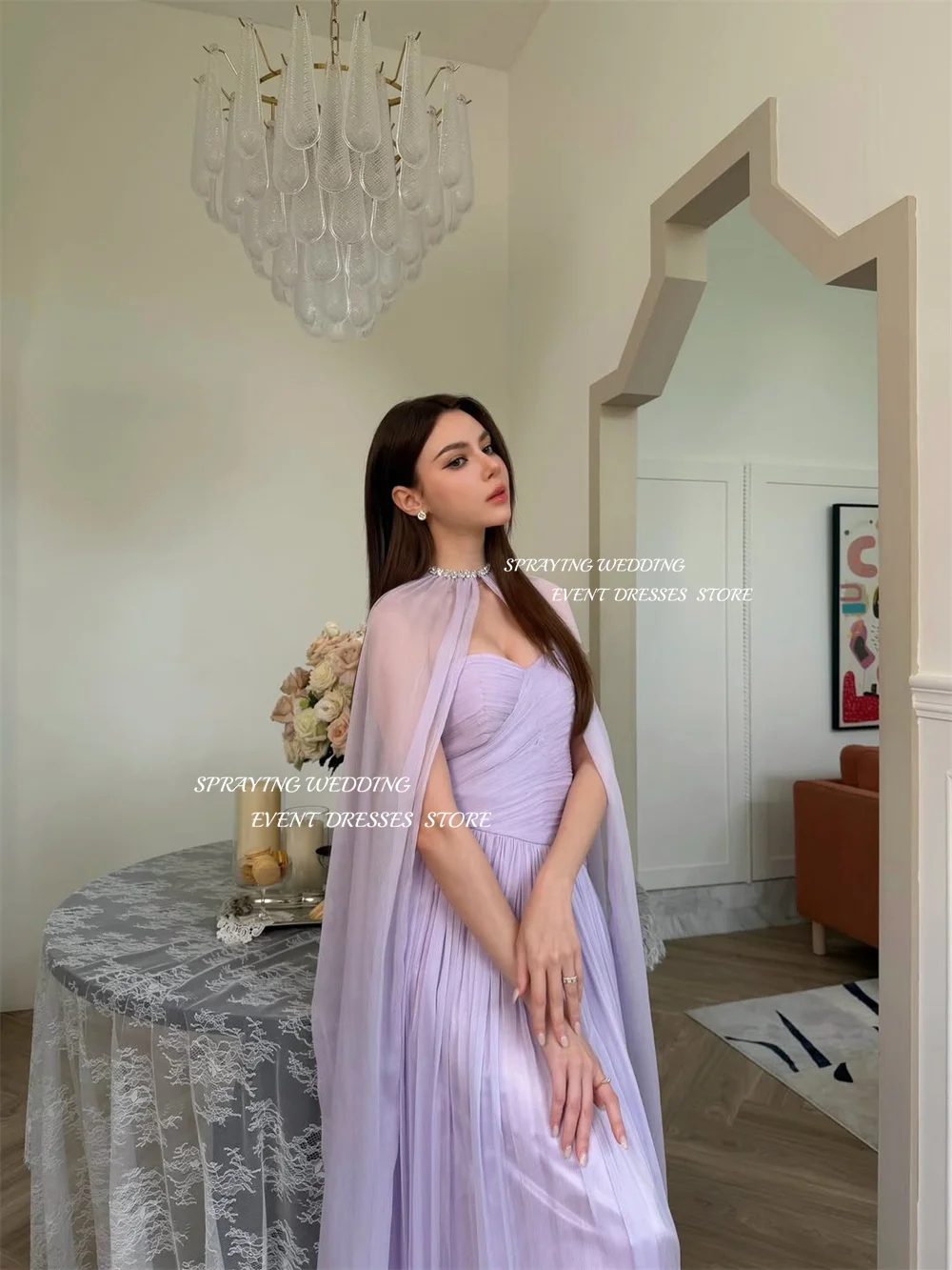 Vestido de noche de gasa morado de hadas SPRAYING, vestido de fiesta con capa de corazón, vestido hasta el tobillo para ocasiones especiales personalizado