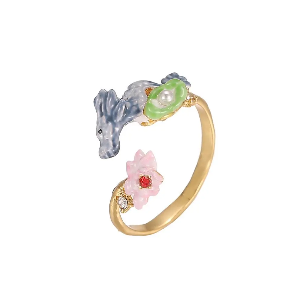 

2024 new original Zodiac Year ring enamel color glaze lotus leaf flower small green dragon open ring