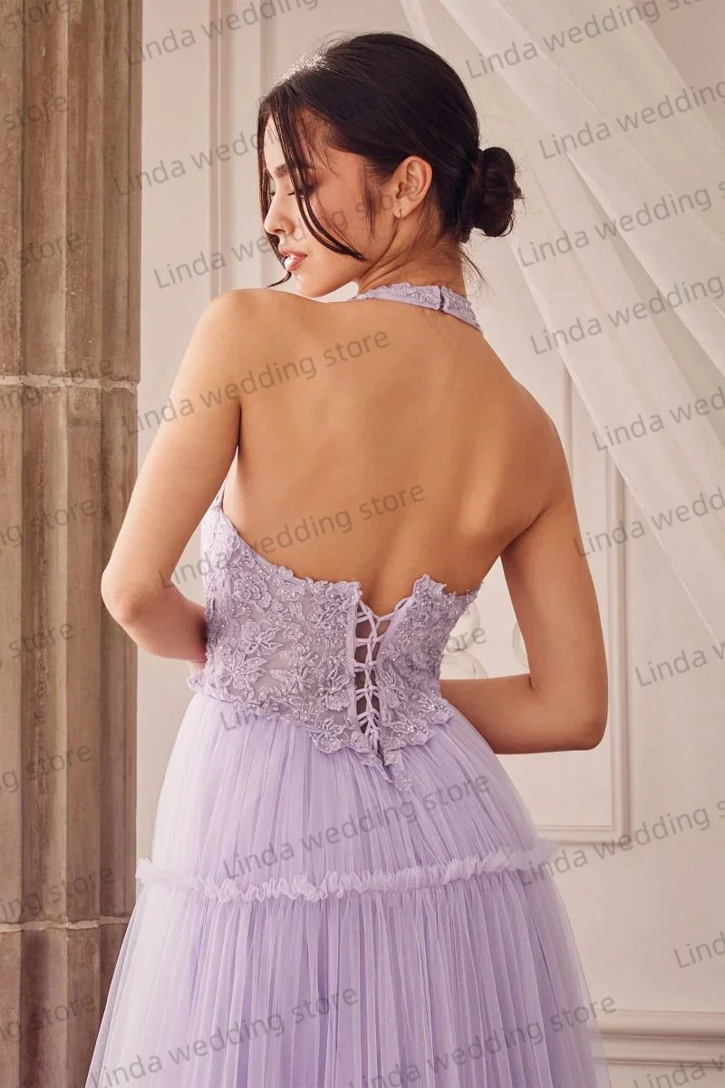 Vestidos de Noche de línea A sin mangas con cuello Halter, vestido de graduación, apliques de encaje, vestido largo Formal de fiesta, túnicas sin espalda, púrpura