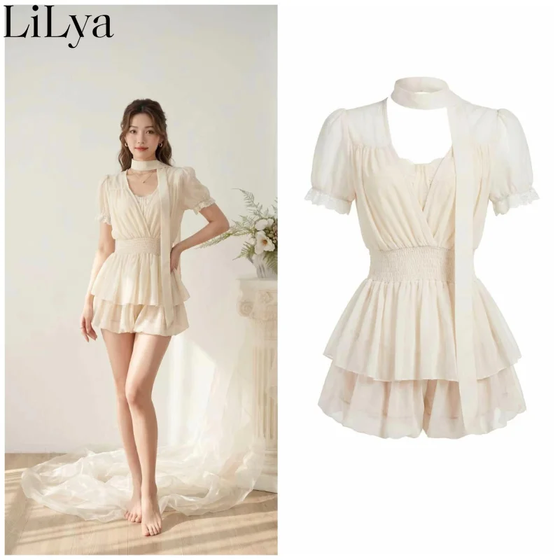 

Fashion Suit Women 2026 New V-neck Waist Slimming Cake Set 3 Piece Set Lace Camisole Top Elastic Waist Shorts Lightweight Dress