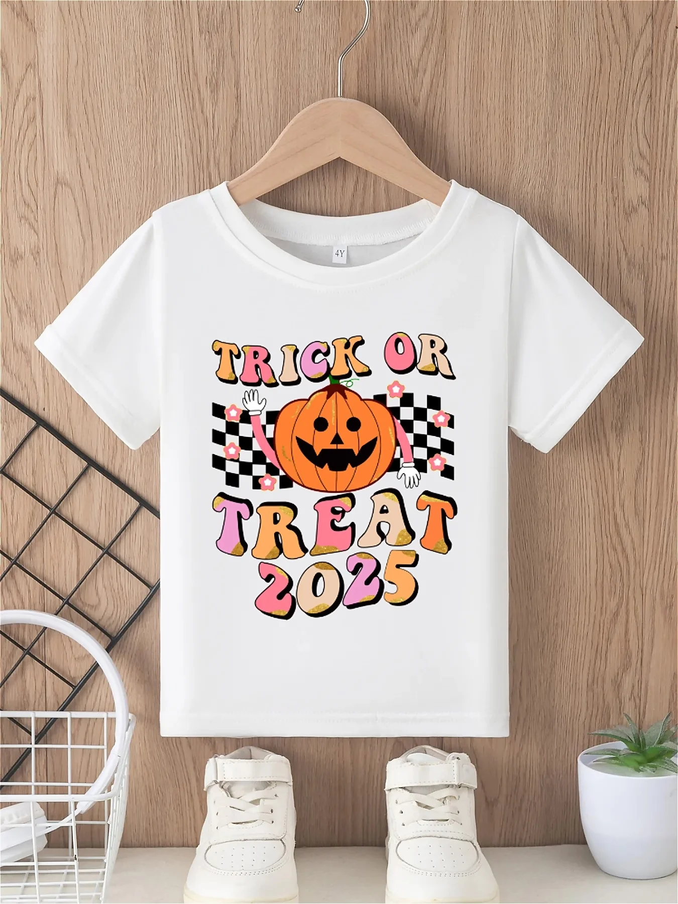 Halloween girls' T-shirt trick or treat 2025 letter print pumpkin pattern print loose comfortable round neck short sleeved top