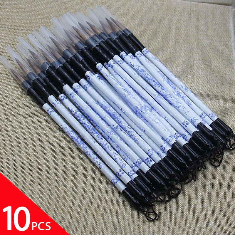 Handmade Metal Caligrafia Escrita Escova, cabelo de lã, pincéis de pintura tradicional, canetas chinesas, atacado, 10 pcs por lote