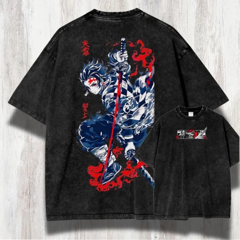 Demon Slayer Übergroßes T-Shirt - Retro-Washed Anime Herren-T-Shirt Frühling/Sommer Neuer Stil Unisex T-Shirt