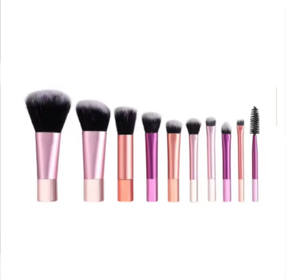 10本入り ピンク ミニメイクブラシ トラベルポータブルメイクツール メイクパフ - パームブラシ プロ仕様メイクツールセット