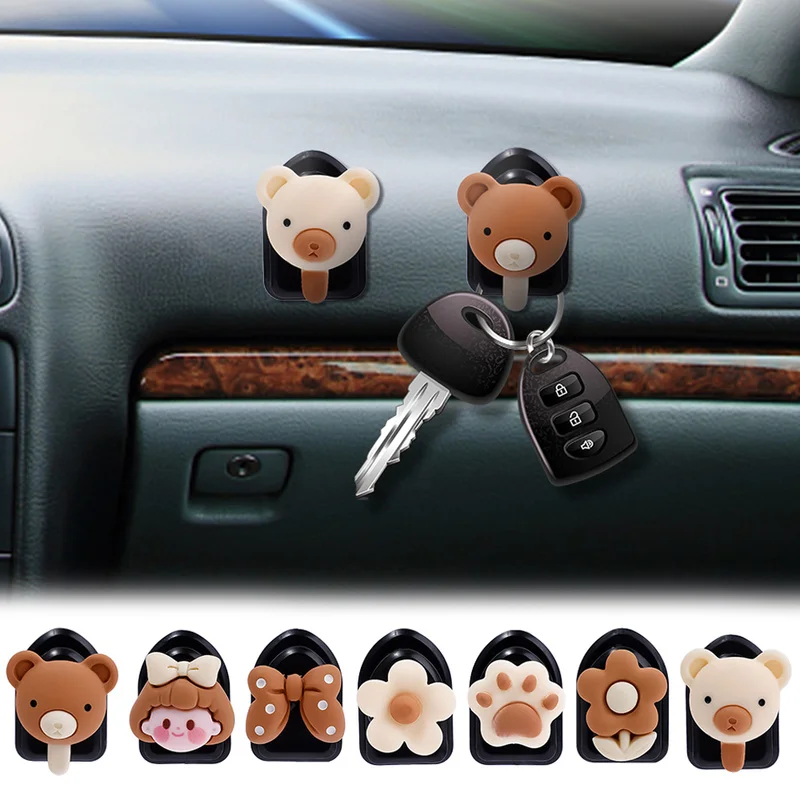 Milk Brown Mini Hooks Cartoon Animal Car Sticky Hook Dashboard Storage Hanger Key USB Headphone Cable Holder Auto Accessories